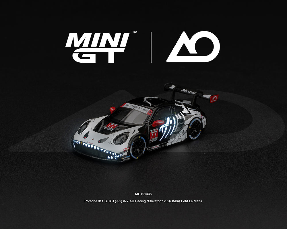 MINI GT Porsche 911 GT3 R #77 AO Racing Skeleton Rexy — product view 1